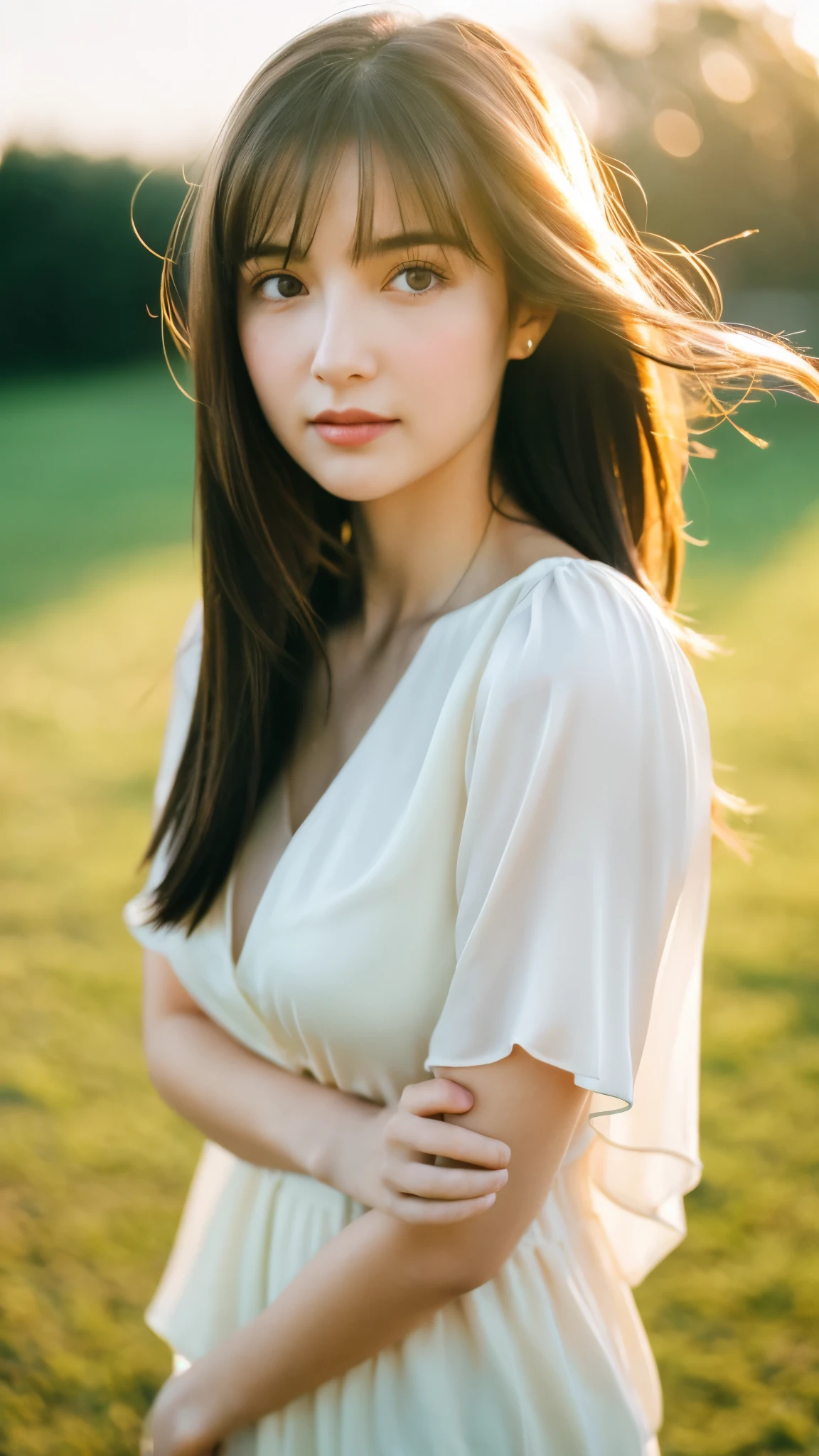 (Random Nationality):1.5, masterpiece, Highest quality, 8K, 20th Generation, (Large Breasts:1.2), cute, alone, sad, close, cute, Girlish, Delicate girl, Pure beauty,  RAW Photos, Professional photography, Portraiture, Soft Light, Professional Lighting, Backlight, Upper Body, avert your eyes, Sophisticated, Film Grain, (Eyes and facial details:1.0), Beautiful straight hair, Hair swaying in the wind, Silk blouse, Random hairstyle