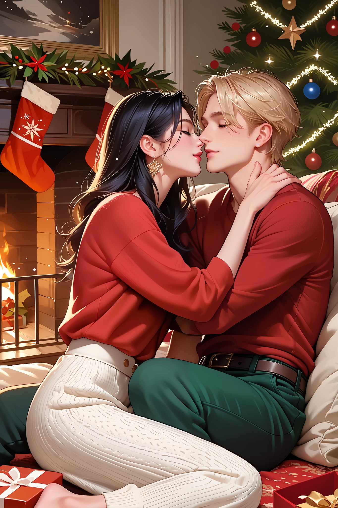 romantic atmosphere , Very detailed, High Resolution , masterpiece, Sharp focus, Official Art , Christmas, couple, man and woman, SFW, Christmas party, comfy cloths, normal cloths