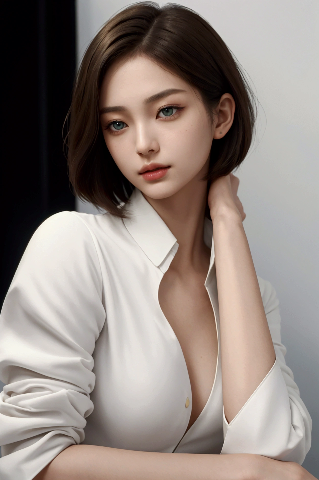 upper body, masterpiece, top quality, raw photo, photorealistic, big, face light, shiny skin, high resolution, super detail, detail, detailed eyes and face, sharp pupils, realistic pupils, sharp focus, street, brown hair, men's shirt, bob, no bra, shirt unbuttoned