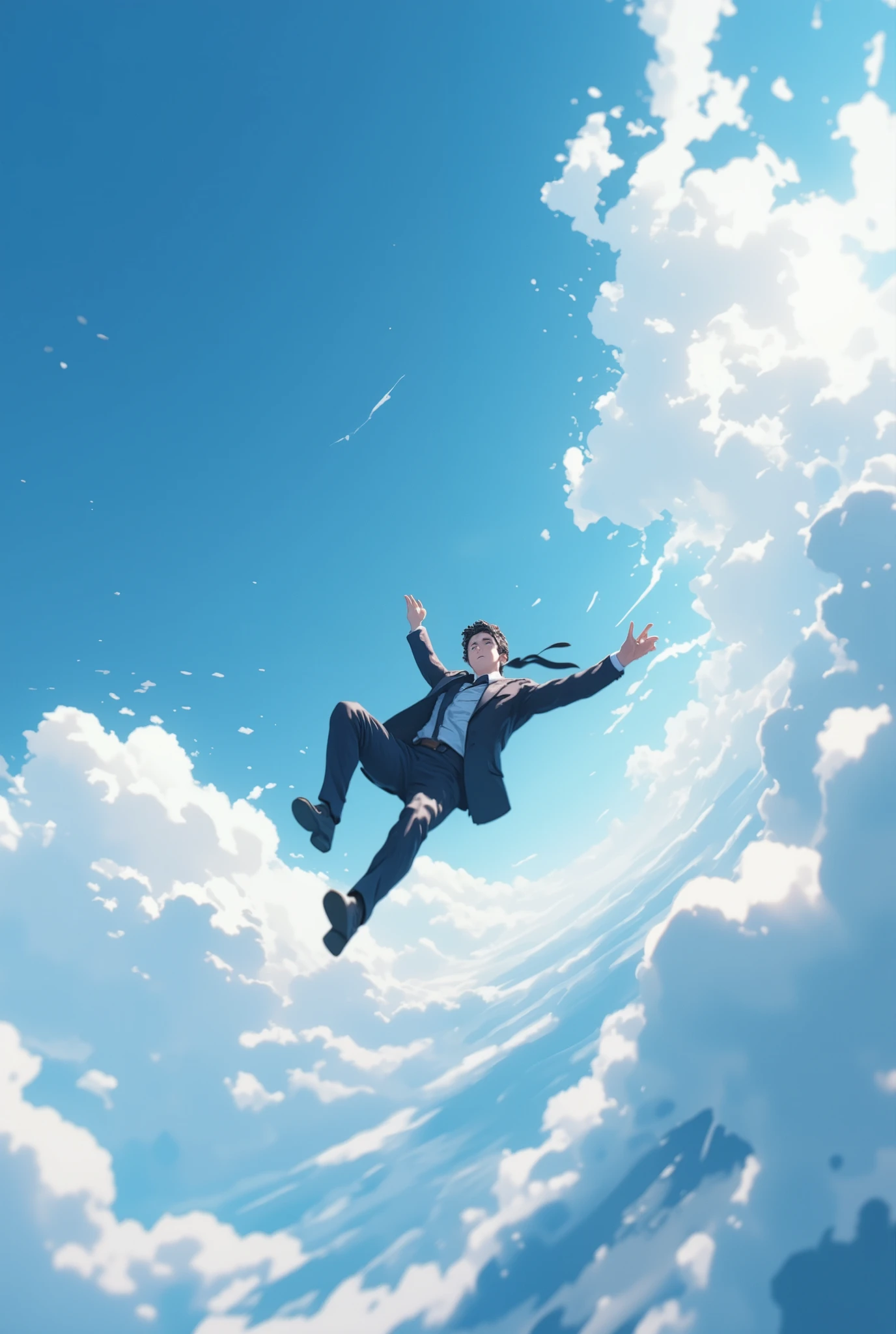 A third-person view of a suit and tie falling rapidly at high altitude， blue sky background，White Cloud，Motion Blur