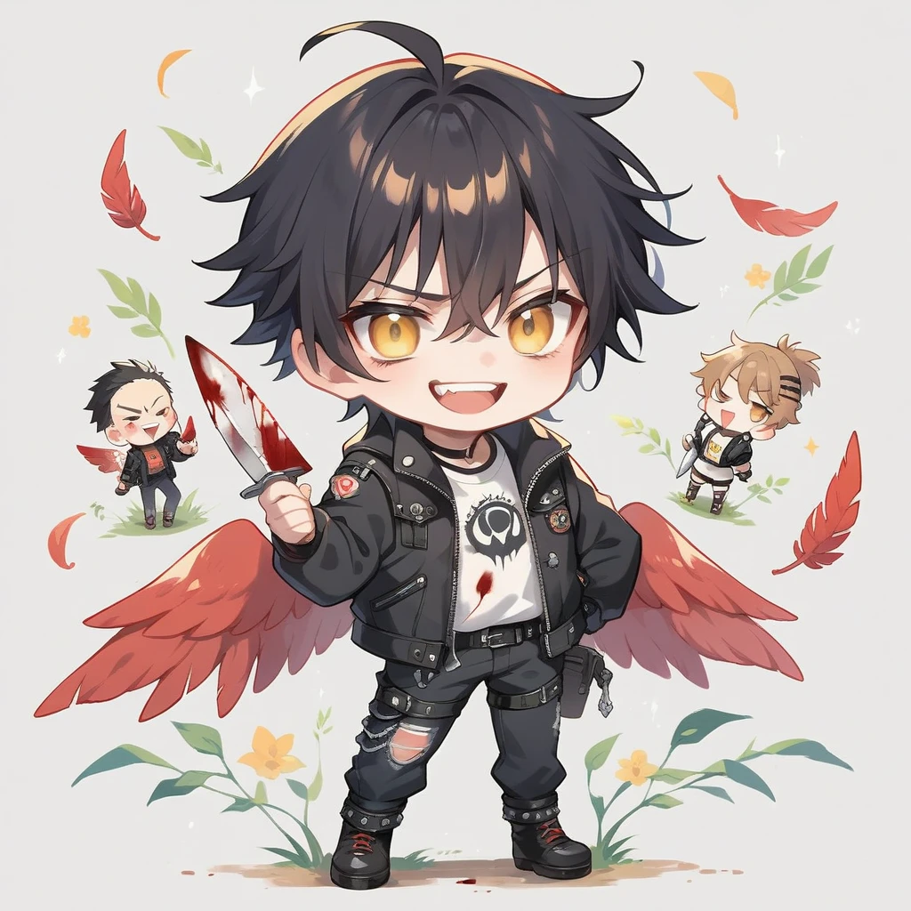 Boy, black shaggy medium long hair, smug face, yellow eyes, yandere, anime chibi style,full body, chibi,holding bloody knife,red feather wings, dark punk clothes