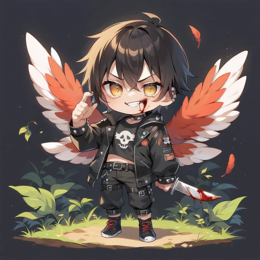 Boy, black shaggy medium long hair, smug face, yellow eyes, yandere, anime chibi style,full body, chibi,holding bloody knife,red feather wings, dark punk clothes