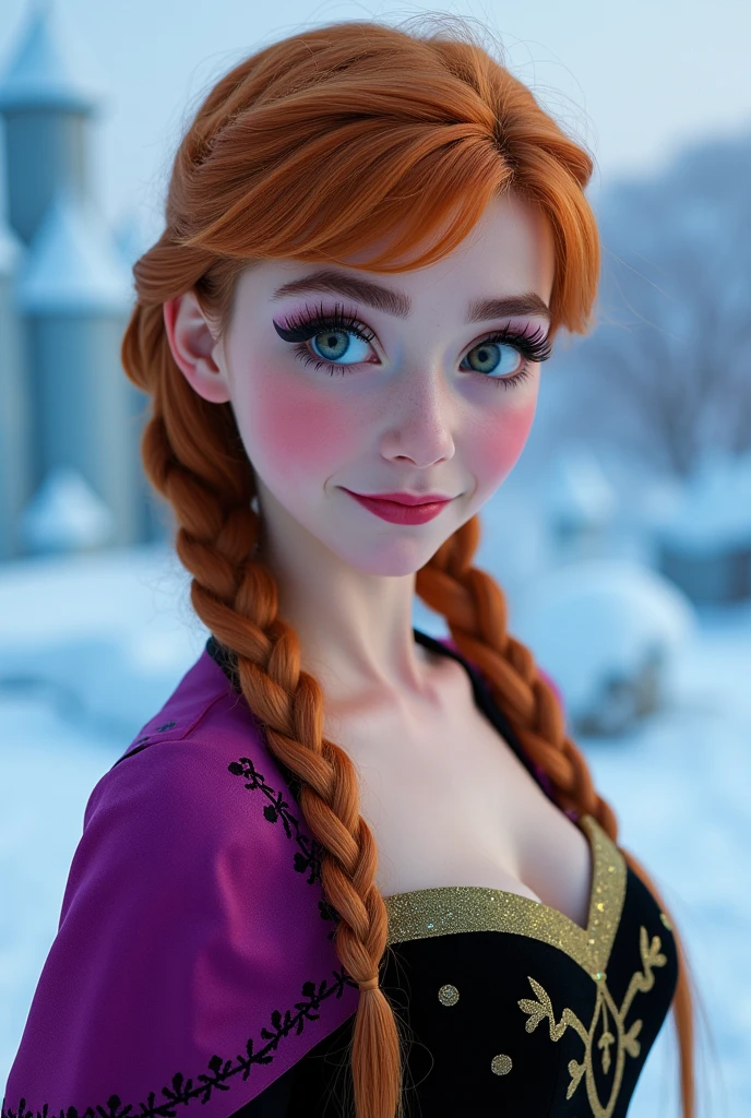 best quality, high quality, 4K, Anna-frozen , (23 years old). sexy, full body, perfect Anna-frozen  cosplay, Anna, (seios perky), ((( perfect breasts ))), smirk:1.2, Beautiful blue eyes, (perfect irises), ((( full body)))< depth of color in your eyes ,  reddish-brown hair,  long hair , braids,  full lips , Blush, VARIOUS POSES,  ((medium camera shot)),  Sensual Pose, seductive, nipples:1.4,  Looking at the camera , close no rosto dela, her cheeks are Blushed, 2, She is on her knees, eye contact:1.4, high angle:1.5, ((close-up no rosto)),  perfect face, (((visible breasts))) Efeito Bokeh everything other than her  perfect face,  the location is Arendelle in winter , Ice castle, ((VARIOUS POSES))