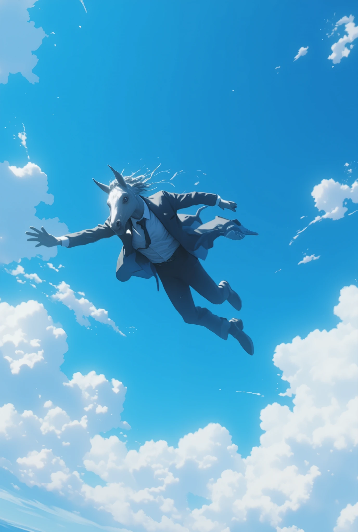  Third-person view of a horned horsehead in a work suit falling rapidly at high altitude， blue sky background，White Cloud，Motion Blur，High contrast between characters and background 