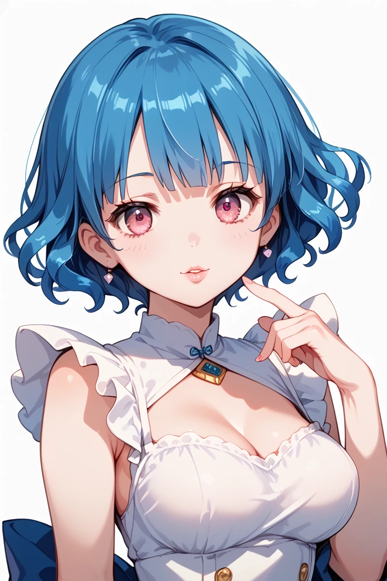 girl, blue hair, short hair, wavy hair, pink eyes,  finger on her lips , chinise clothing ,  Anatomically correct, Senos grandes, Preciso, Avergonzado, 