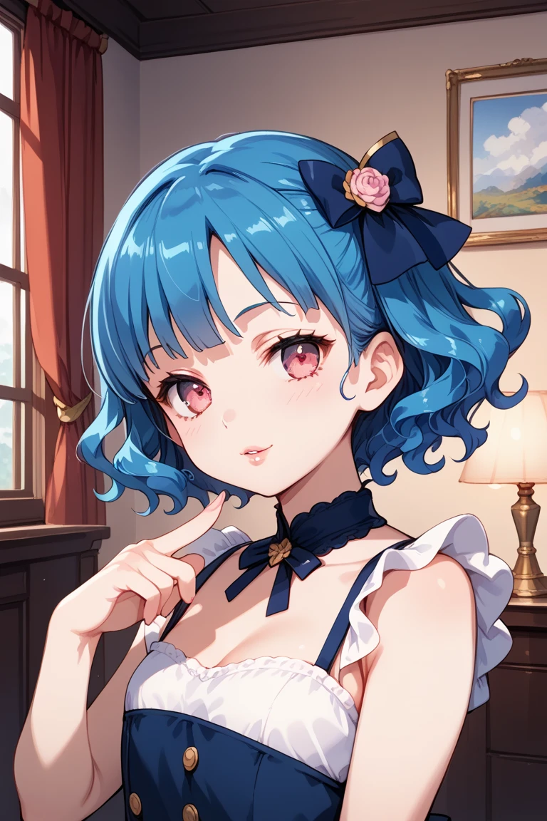 girl, blue hair, short hair, wavy hair, pink eyes,  finger on her lips , chinise clothing ,  Anatomically correct, Senos grandes, Preciso, Avergonzado, 