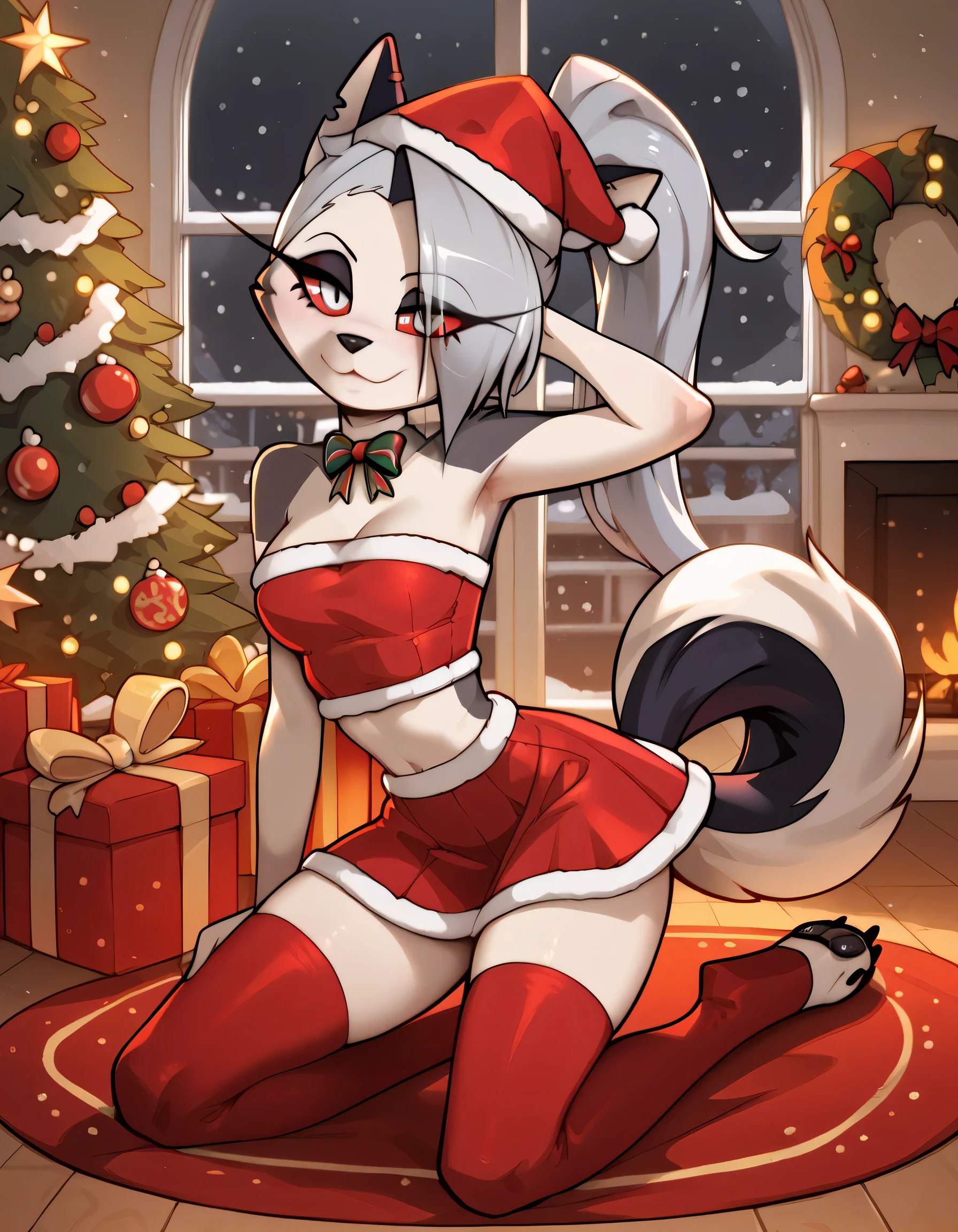 masterpiece, best quality, horny expression, sexy expression, 1girl, solo, anthro, furry, fur, fluffy fur, dog girl, furry, loona \(helluva boss\), medium hair, long large tail, clean hair, detailed, sexy, head tilt, ager (18 years), medium breast, thick thighs, slim body, dog coller, (jizoku), score_9, score_8_up, score_7_up, score_6_up, score_5_up, score_4_up, Ponytail, sexy pose, Expressiveh, cowboy view, christmas sexy stockings, christmas sexy skirt, christmas sexy tube top, christmas hat, bedroom, full body, dancing