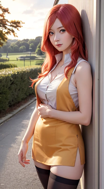 uzumaki_kushina, large_breasts, standing, solo, denim_shorts,, masterpiece, best quality, detailed face, detailed eyes, highres,red long hair, blue eyes