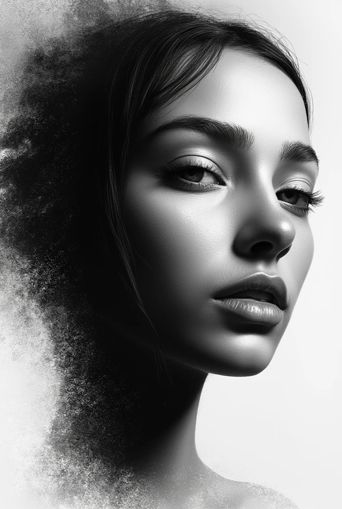 A stunning monochrome minimalist painting in black on a white background, showcasing the artist's exceptional skill in capturing intricate details using fine lines and brush strokes. The subject is a beautiful twenty-year-old woman, illuminated by a light that highlights her essential features, drawing attention to the focal point of the composition. The artwork is rendered in 8K quality, with a super-realistic style that creates a hypnotic effect., 3d render, vibrant, photo, illustration, painting