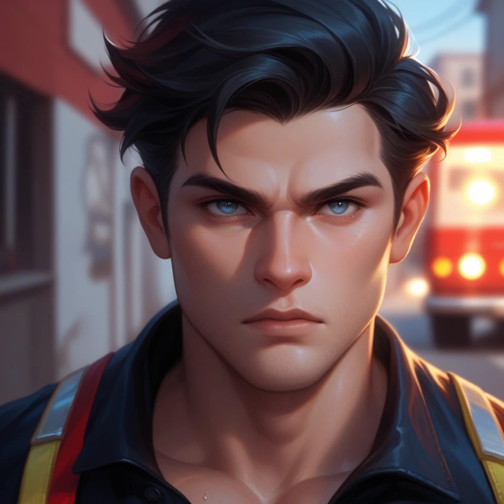 A well-built, middle-aged man in a firefighter’s uniform stands confidently in front of a shiny red fire truck, its lights reflecting off the polished surface. He has short, dark hair, streaked with gray, and dark, serene eyes that seem to shine with pride and determination, staring straight ahead with a calm, determined expression. The truck is parked in a narrow alley, surrounded by crumbling buildings and streets littered with debris. The air is thick with the smell of smoke and decay.