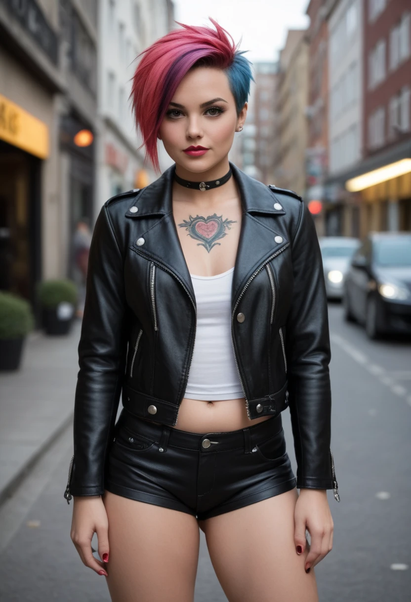 score_9, score_8_up, score_7_up, Western Comics, Portrait, girl, punk, cute, seductive, innocent, light smile:0.3, plump lips, slender body, very short hair, multicolored hair, in high detailed textured black leather jacket, piercing, small tattoo, most iconic photo, London night background, depth of field, dynamic angle, fashion photography, sharp, hyperdetailed:1.15