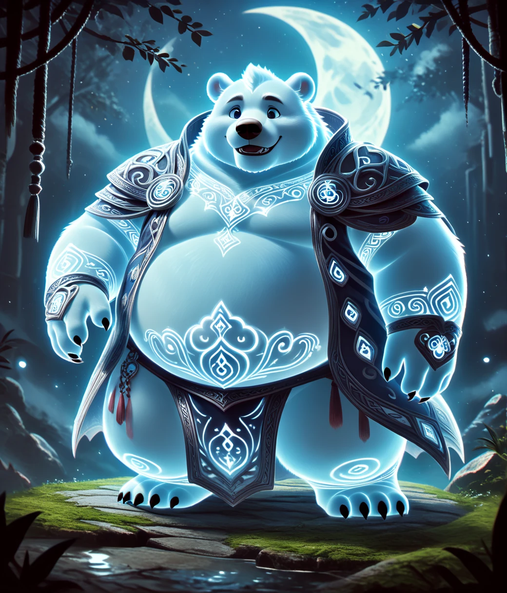 cute, fat, obese, anthro, male, polar bear cub), shortstack, DonMG3157P4nz3rXL, fullbody, adorable, magical oasis, fantasy, night time, moonlight, magical, beautiful, whimsical, bright lighting, hires textures, highly detailed, intricate details, best quality, masterpiece, detailxl