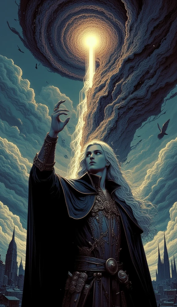 A 3D render of a pretty young man with long white hair and a sinister face, waving his hand in the air to summon a huge meteor in the sky. He is wearing a long black overcoat that exposes his chest. The background is a city landscape and a clear wide sky. The camera is shot from a low angle, showing the man looking down at the viewer with an evil smirk. A huge meteor is flying down in the sky. The atmosphere is ominous with doom approaching for the world as the meteor threaten to hit.