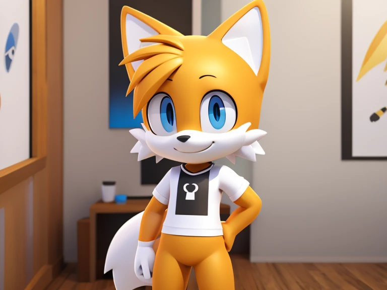 Paper character design from all sides, furry boy, cute fox, short hairstyle, detailed body, clothes, blue eyes, smile, modern art, best quality, 3D 