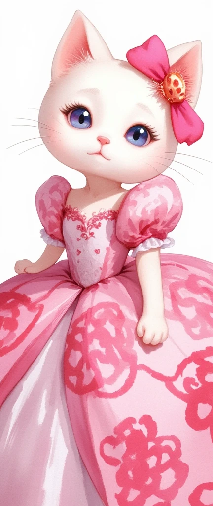 Hello kitty in watercolor with a pink princess dress and a plan with details in strong pink flowers and plans on the fluffy sleeves and on her head a pink ribbon of bristles 