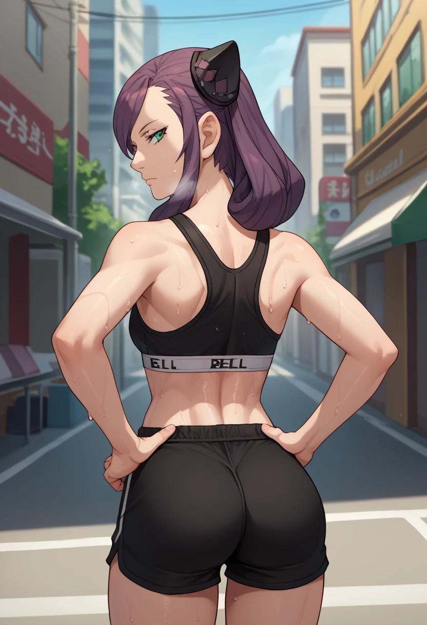 score_9, score_8_up, score_7_up, source_anime, from behind, solo, 1girl, eve belduke, sweat, expressionless, looking back, hands on own hips, purple hair, hairpods, green eyes, black sports bra, black shorts, short shorts, ass, outdoors, city street, sweaty. Open mouth, out of breath 