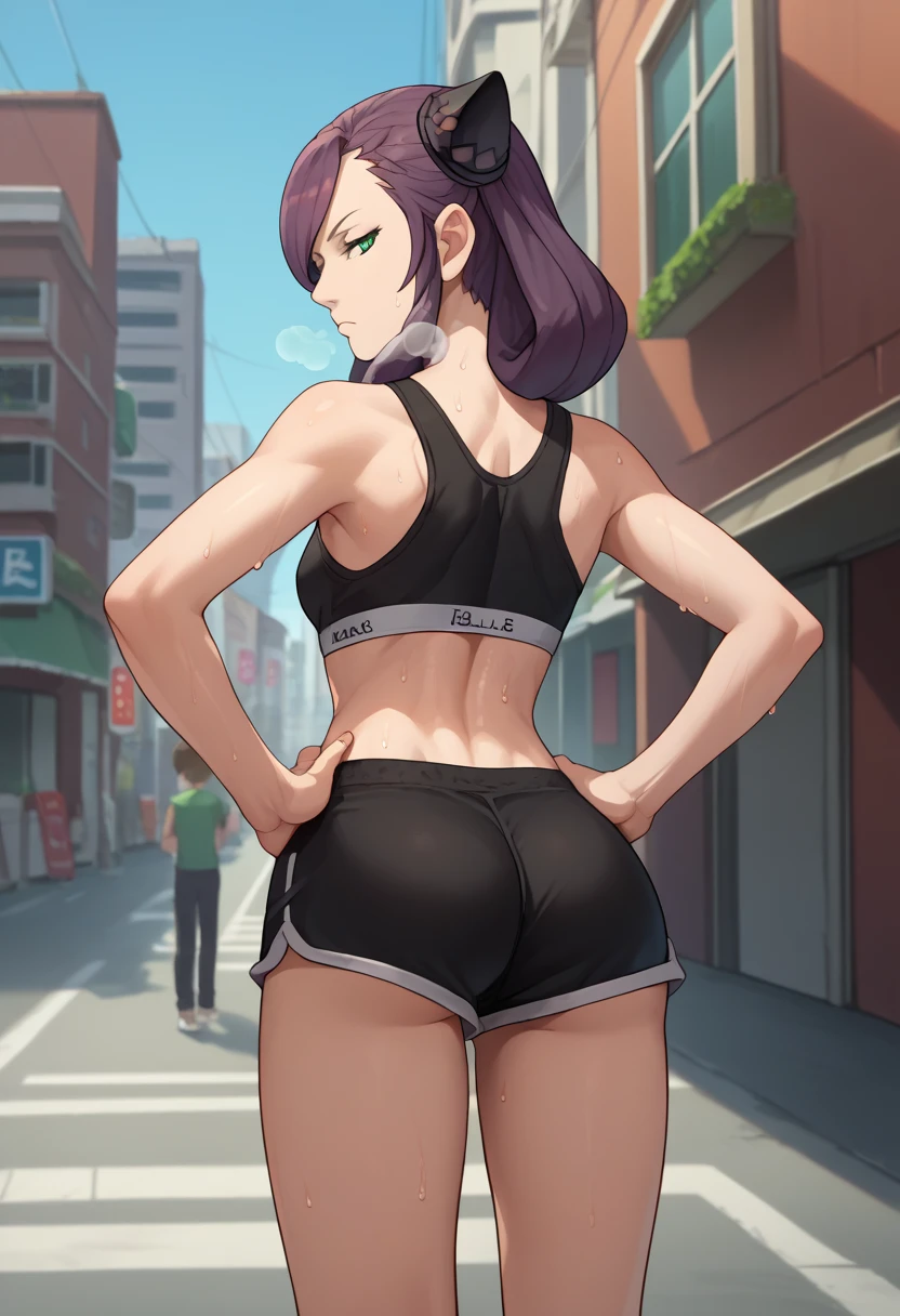 score_9, score_8_up, score_7_up, source_anime, from behind, solo, 1girl, eve belduke, sweat, expressionless, looking back, hands on own hips, purple hair, hairpods, green eyes, black sports bra, black shorts, short shorts, ass, outdoors, city street, sweaty. Open mouth, out of breath 