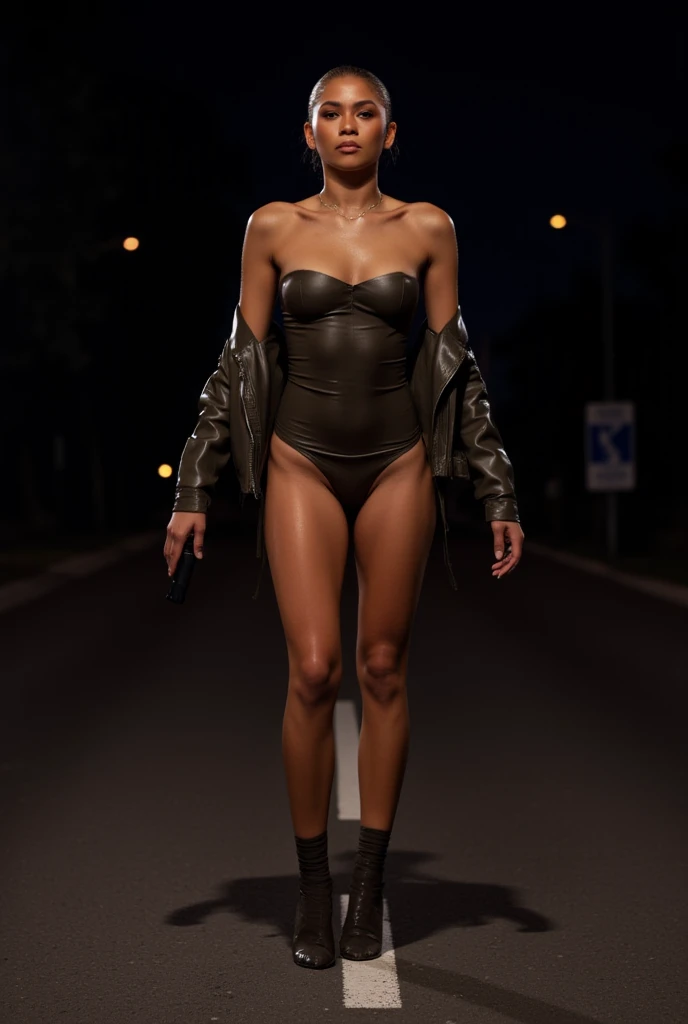 Zendaya, from front view, extreme close up photo of zendaya as (square neck body con dress),leather coat,big cheeks, curvy, hourglass figure, small breasts, deep cleavage, open arms, sexy armpits, holding torch light and standing with wide open spread legs on road in dark night and having sex with big penis, nipples, ass, necklace, (cinematic:1.3), intricate details, (Realistic:1.2)