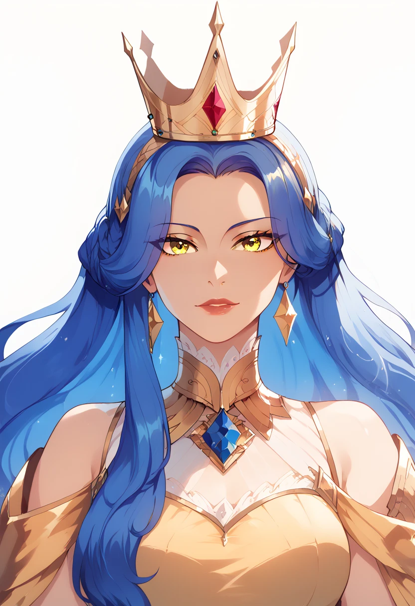 masterpiece, best quality, amazing quality, very aesthetic, 1girl, blue_hair, golden crown, yellow eyes, long_dress,