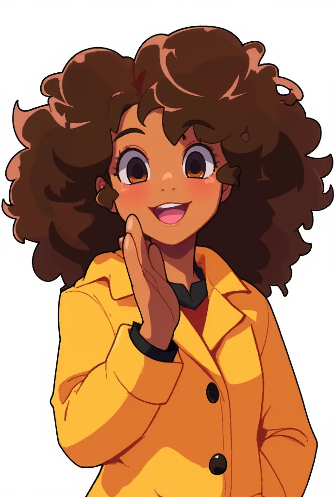 girl\(anime, cute animation ,  brown black eyes , human brunette anime ,  Afro-descendant ,  wearing a pretty yellow coat, Curlers brown hair , Sad face kawaii ,  expression of sadness , beautiful pose, waving your hand , Saying goodbye, idol\).  sad mood ,  sad mood. sadness.  white background.  anime style , anime. perfect hand ,detailed hand, In a zenithal plane,  brunette brown skin , rasgos de girl morena hermosa,  defined curlers , long curlers , brown skin, black skin.