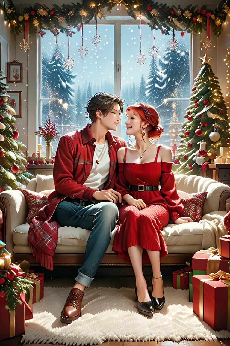  romantic atmosphere , Very detailed,  High Resolution , ​masterpiece, Sharp focus,  Official Art , Christmas, couple, man and woman, SFW, Christmas party, comfy cloths, normal cloths