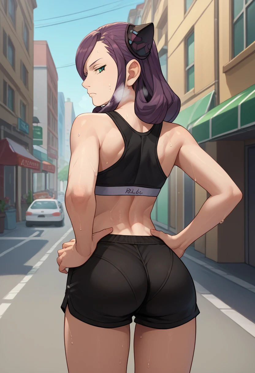 score_9, score_8_up, score_7_up, source_anime, from behind, solo, 1girl, eve belduke, sweat, expressionless, looking back, hands on own hips, purple hair, hairpods, green eyes, black sports bra, black shorts, short shorts, ass, outdoors, city street, sweaty, open mouth, out of breath 