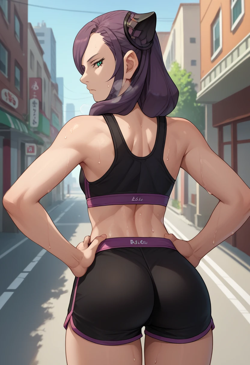 score_9, score_8_up, score_7_up, source_anime, from behind, solo, 1girl, eve belduke, sweat, expressionless, looking back, hands on own hips, purple hair, hairpods, green eyes, black sports bra, black shorts, short shorts, ass, outdoors, city street, sweaty, open mouth, out of breath 