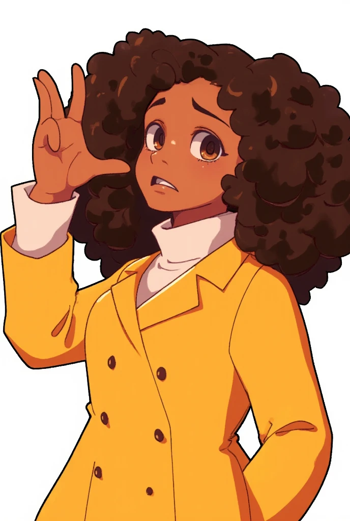 girl\(anime, cute animation ,  brown black eyes , human brunette anime ,  Afro-descendant ,  wearing a pretty yellow coat, Curlers brown hair , Sad face kawaii ,  expression of sadness , beautiful pose, waving your hand , Saying goodbye, idol\).  sad mood ,  sad mood. sadness.  white background.  anime style , anime. perfect hand ,detailed hand, In a zenithal plane,  brunette brown skin , rasgos de girl morena hermosa,  defined curlers , long curlers , brown skin, black skin.