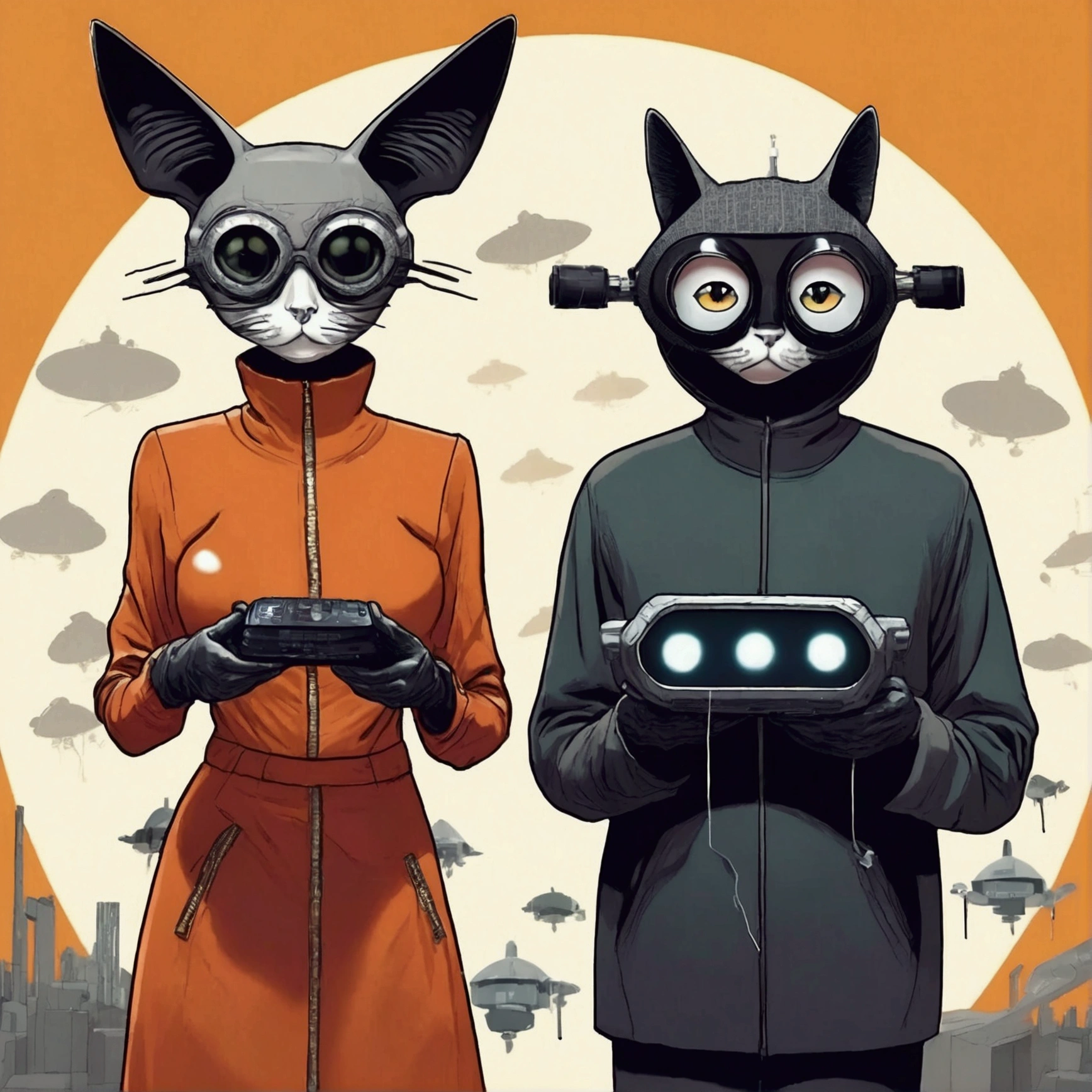 4k image from a 1960s science fiction film, Imagem do filme de Wes Anderson, pastels colors, Students with cat masks and a woman with alien glasses are wearing retro-futuristic fashion clothes and futuristic technological ornaments and devices at school, Luz Natural, cinemactic, Psicodelia, retro-futurista,