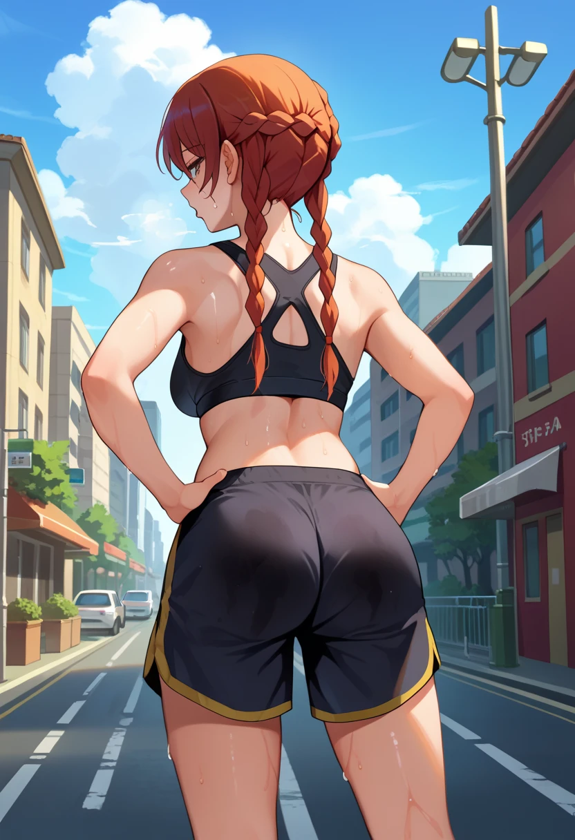 score_9, score_8_up, score_7_up, source_anime, from behind, solo, 1girl, selesia upitiria, sweat, looking back, hands on own hips, twin braids, black sports bra, black shorts, ass, outdoors, city street, tired expression, out of breath, sweaty, open mouth, outside, city