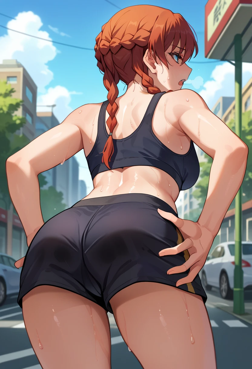 score_9, score_8_up, score_7_up, source_anime, from behind, solo, 1girl, selesia upitiria, sweat, looking back, hands on own hips, twin braids, black sports bra, black shorts, ass, outdoors, city street, tired expression, out of breath, sweaty, open mouth, outside, city