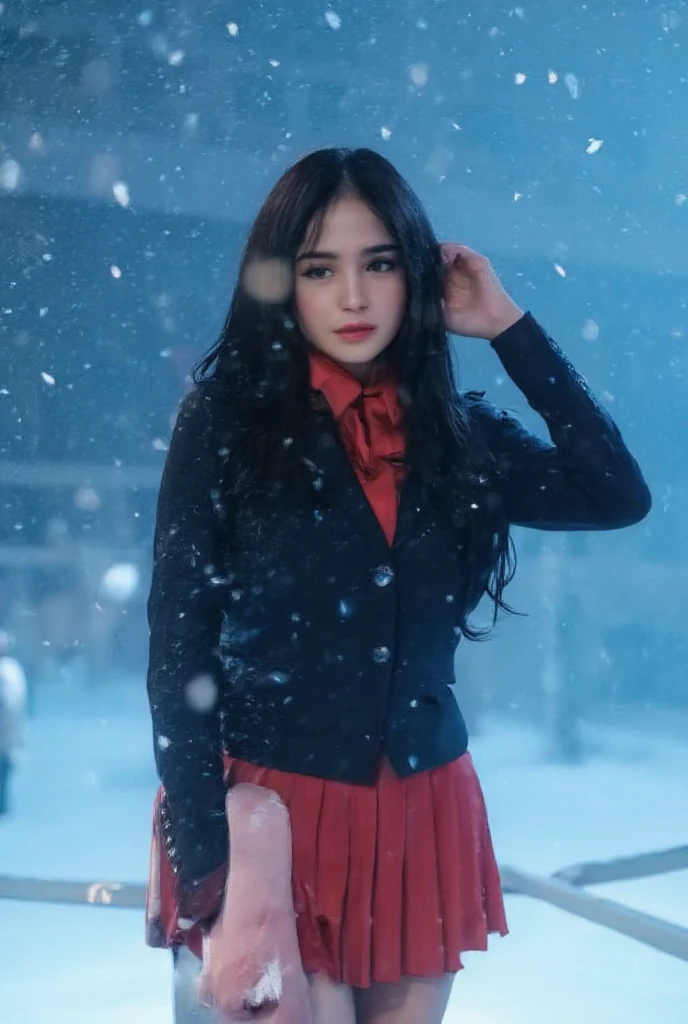 In this 8k RAW masterpiece, a young woman stands amidst a serene snowfall, surrounded by delicate snowflakes and misty atmosphere. Her dark blazer with silver buttons complements the flowing pleated skirt, while a bold crimson tie and tights add a striking pop of color against the snowy backdrop. Soft, cinematic lighting casts a bluish glow, amplifying the dreamy ambiance as iridescent particles dance around her. She's lost in thought, holding her hand to her ear with an introspective expression.