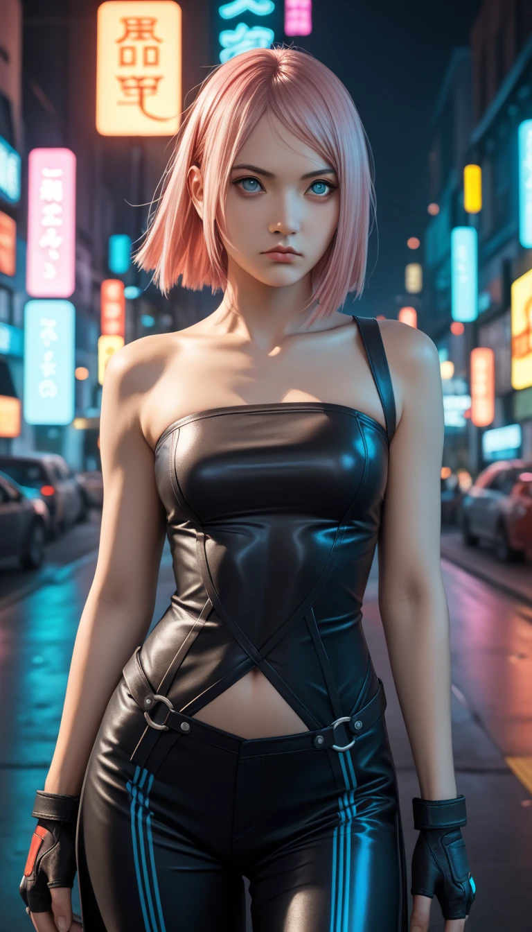         a detailed and beautiful portrait of a **-****-*** Japanese girl,      medium breasts, with healthy appearance , sexy expression,        tight clothing  , Bold poses ,        detailed embroidery       ,  belly out , Tube top, love league,        high quality, 8k,        photorealistic     ,        dramatic lighting      ,        vivid colors       ,(       masterpiece       ,         top quality       ,  :1.2),  (          futuristic cyberpunk urban scene illuminated by neon lights        ), (Alone:1.4), (    Elegant and cool ladies          ),  (      Bright neon details        :1.3), (fingerless gloves, ), (      serious expression       :1.1), (      Confident and relaxed poses          :1.3),    Holographic tight pants or skirt for outdoor use    , (       dynamic lighting       ,   Strong contrast ), (      or dress with straps         :1.2), bare arms,   character Sakura from Naruto pink hair 