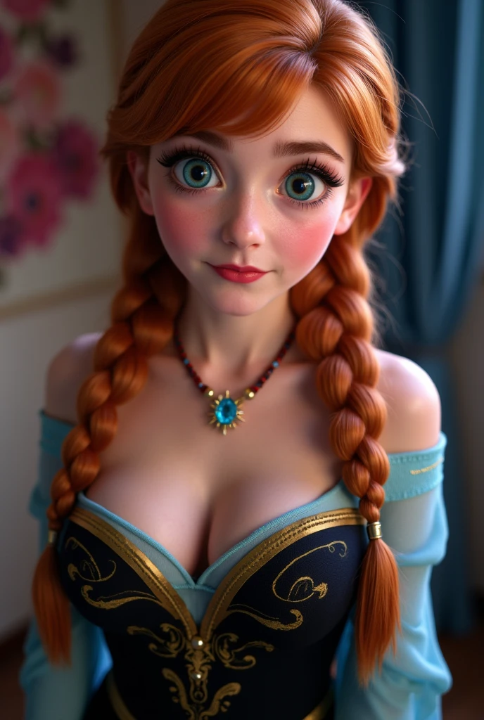score_9,score_8_up,score_7_up,score_6_up,score_5_up,score_4_up,1girl, (anna frozen, twin braids), (smile:0.6), freckles,black off shoulder dress,cleavage, breast focus, big breasts, in dark room, dynamic angle