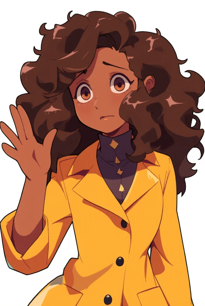 girl\(anime, cute animation ,  brown black eyes , human brunette anime ,  Afro-descendant ,  wearing a pretty yellow coat, Curlers brown hair , Sad face kawaii ,  expression of KAWAII sadness, beautiful pose, waving your hand , Saying goodbye, idol\).  sad mood ,  sad mood. TENDER SADNESS .  white background.  anime style , anime. perfect hand ,detailed hand, In a zenithal plane,  brunette brown skin , rasgos de girl morena hermosa,  defined curlers , long curlers , brown skin, black skin.