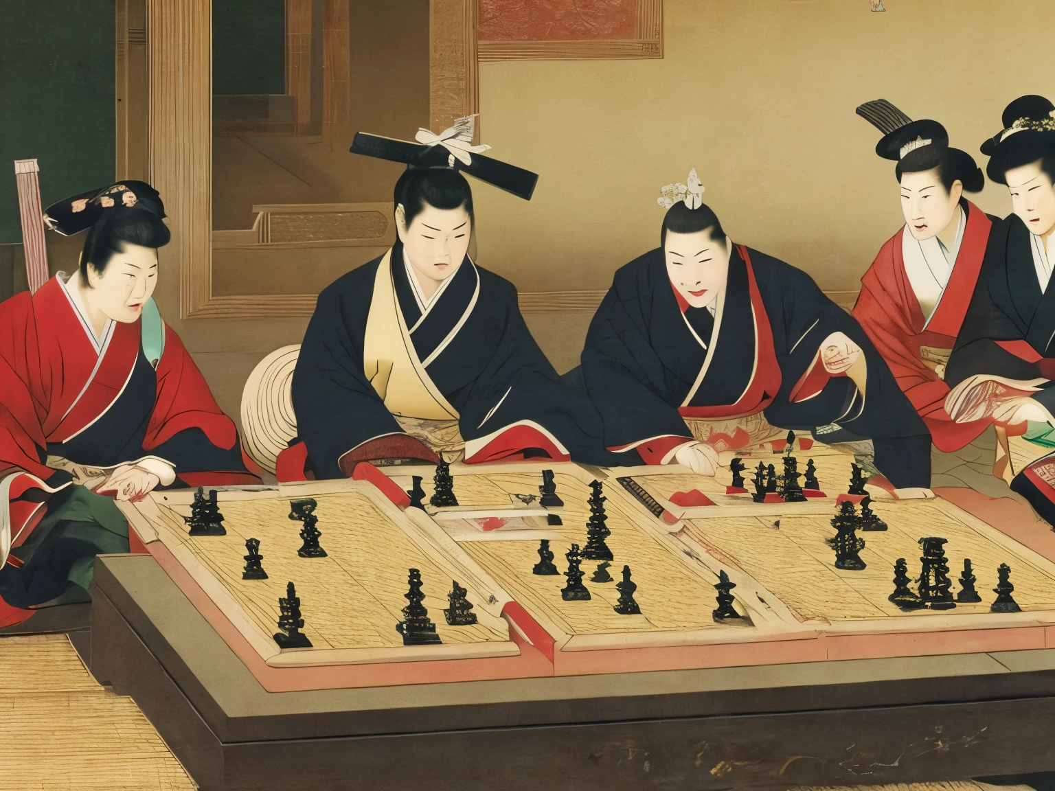 Japanese Emperor and a Japanese Shogun playing a game of shogi, Victorian art style