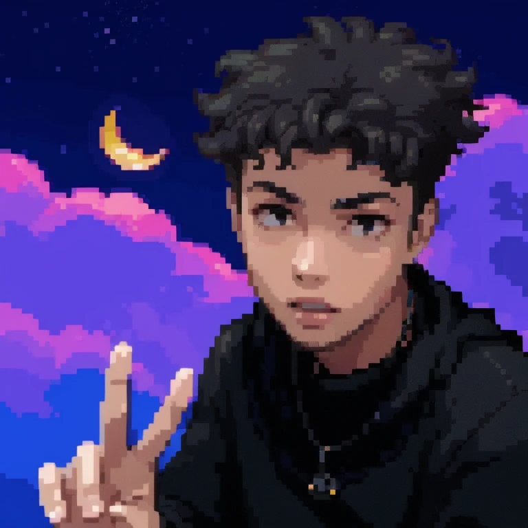 1boy, Young boy, Teenage boy, Cute face, 1 Necklace, Black eyes, Baby face, Curly hair, Black hair, Southeast asian, Pixel art, 8bit, Animated, Anime, Video game, Retro, Blurry, Blurry background, Perfect Lighting, Ray tracing, Masterpiece, High quality, 4K, Depth of field, 8K, HDR, 90's