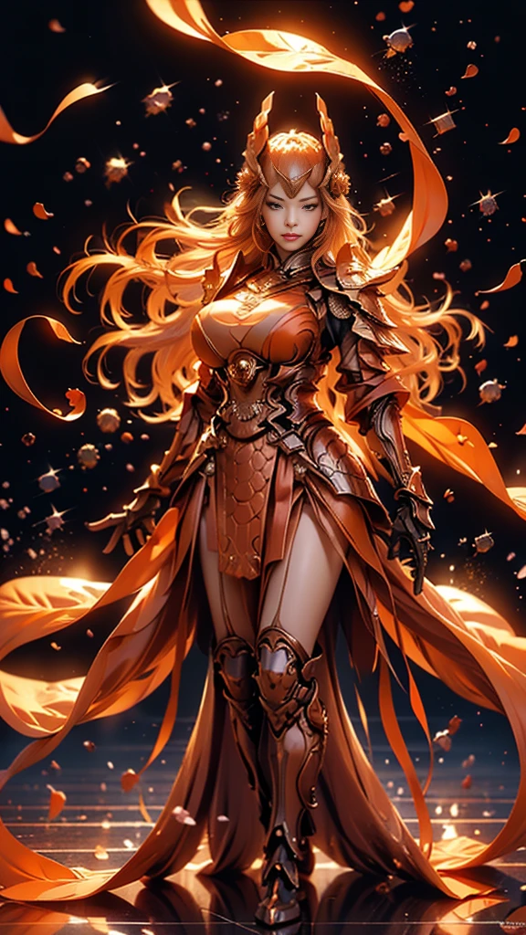  A young Japanese woman , warrior, Combat Stance, wielding a sword,  very detailedな, realisti,seductive smile,  Brilliant Appearance ,, Creative Action,  extremely detailed, Imaginative,  sensual, spontaneous ,  top quality ,  skin texture, (((straight hair:1.3))), (orange hair), (garnet eyes) ,  toned body, huge breasts,(big breasts), Big Breasts,   plump thighs, Gerbera pattern ,(lather samurai orange armor knight), Wear an orange cloak with a gerbera flower pattern , ruffled skirt,  Orange shin guard with gerbera flower engraved on it , Black high-leg underwear , Orange tights,  absolute domain,  Intricate Details , ((( Mount Fuji and sunrise))), (Gerberas in full bloom ),( large gerberas in full bloom on the front ), (confetti),  RAW photos , 8k, masterpiece,  top quality , Ultra Details, very detailed,  Intricate Details , high definition ,超 Intricate Details, very detailed 8k cg wallpaper,