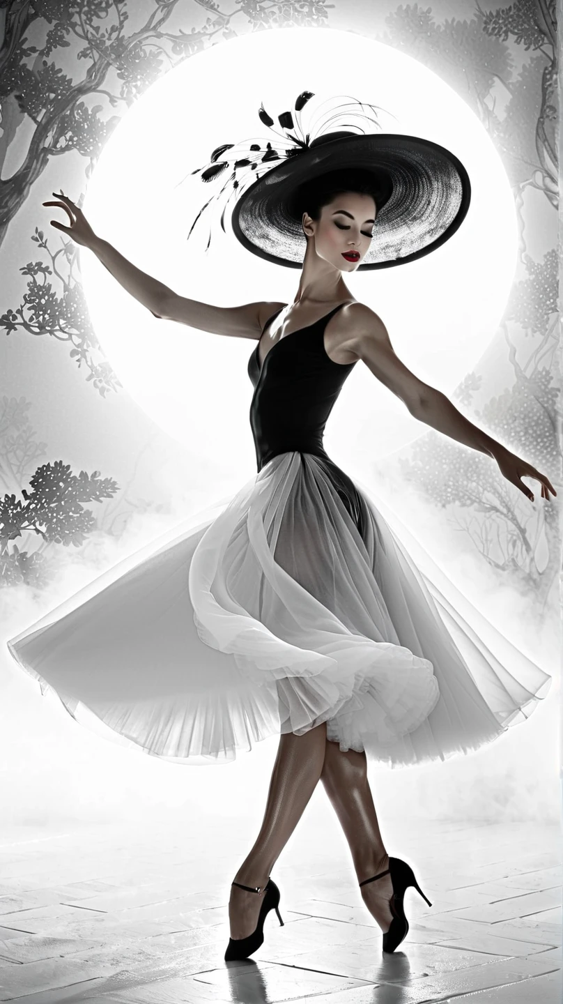 (Art Dance Poster Design)
(Beautiful and ethereal European dancer gracefully performing), (Wearing elegant 1950s fashion dress: 0.8), with a poised head-up posture, fair and flawless skin, and a refined nose bridge. (Face elegantly obscured by a large, stylish hat: 1.37), exuding a poignant charm. (Extremely slender and graceful limbs: 1.1) with delicate features, (bare hands and feet).

Surrounded by a whirling mist, embodying a noble temperament. The artwork features black and white illustrations and ink painting techniques, showcasing black hair styled in soft meatballs and accentuated with red lipstick. This composition embraces surrealism, contemporary art photography, and illustrative action painting.

Incorporating abstract expressionism and influences from Pixar, the scene captures depth of field, motion blur, and backlighting that creates falling shadows and a gradual halo effect. The composition layers start from the bottom, using Sony FE GM technology to achieve UHD quality.

This is a masterpiece with exceptional accuracy, textured skin, and super detailed features, showcasing high quality and award-winning artistry at a 16k resolution.