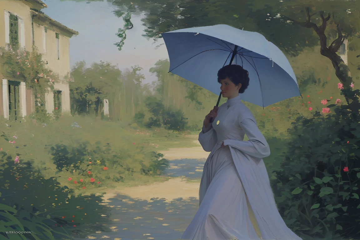 A woman holding an umbrella，Stroll through Monet&#39;s gardens，A long strip of brightly colored flowers，There is a forest next to it，Like an oil painting，Photography