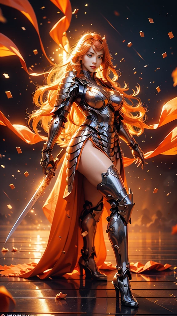  A young Japanese woman , warrior, Combat Stance, wielding a sword,  very detailedな, realisti,seductive smile,  Brilliant Appearance ,, Creative Action,  extremely detailed, Imaginative,  sensual, spontaneous ,  top quality ,  skin texture, (((straight hair:1.3))), (orange hair), (garnet eyes) ,  toned body, huge breasts,(big breasts), Big Breasts,   plump thighs, Gerbera pattern ,(lather samurai orange armor knight), Wear an orange cloak with a gerbera flower pattern , ruffled skirt,  Orange shin guard with gerbera flower engraved on it , Black high-leg underwear , Orange tights,  absolute domain,  Intricate Details , ((( Mount Fuji and sunrise))), (Gerberas in full bloom ),( large gerberas in full bloom on the front ), (confetti),  RAW photos , 8k, masterpiece,  top quality , Ultra Details, very detailed,  Intricate Details , high definition ,超 Intricate Details, very detailed 8k cg wallpaper,