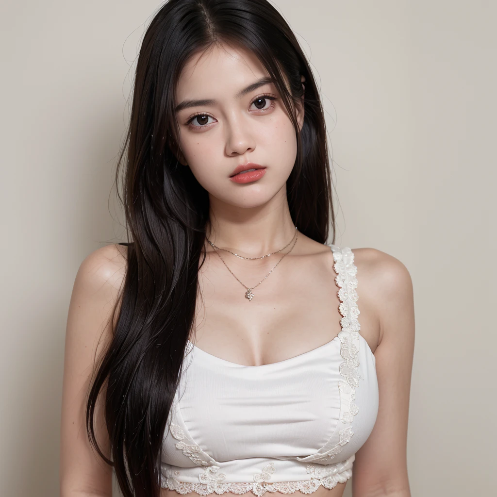 1girl, bare shoulders, black hair, parted lips, highres, brown eyes, brown hair, look sad, jewelry, lace, solo, lace trim, parted lips, lips, long hair, looking at viewer, makeup, necklace, nose, purple background, realistic, red lips, solo, portrair, upper body, 32k, high detail, masterpiece, cover art