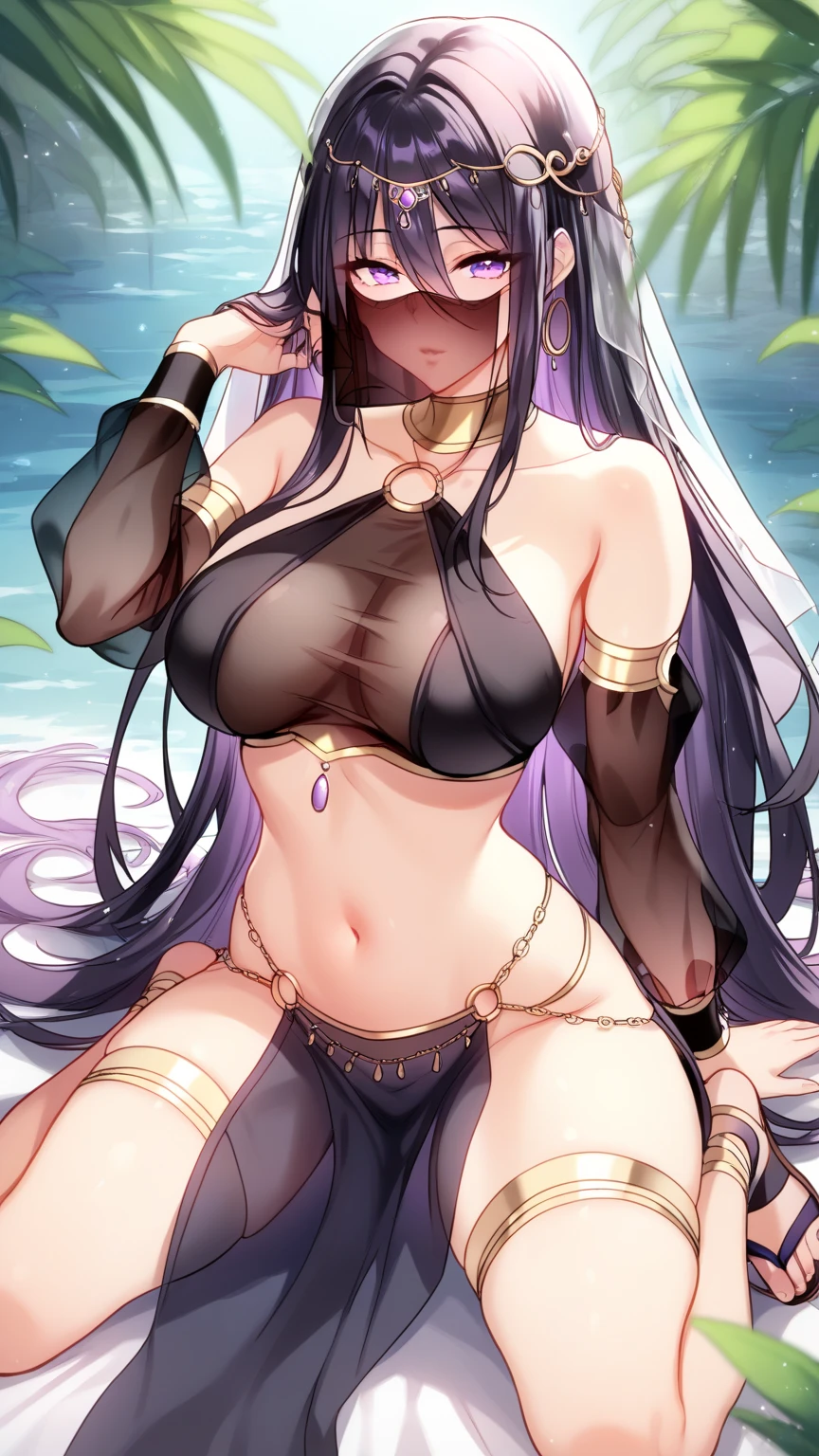 long hair, black hair, purple eyes, hair between eyes veil, mouth veil, circlet, arabian clothes, gold choker, turtleneck, covered collarbone, bare shoulders, black crop top, detached sleeves, see-through sleeves, midriff, navel, o-ring, waist cape, pelvic curtain gladiator sandals