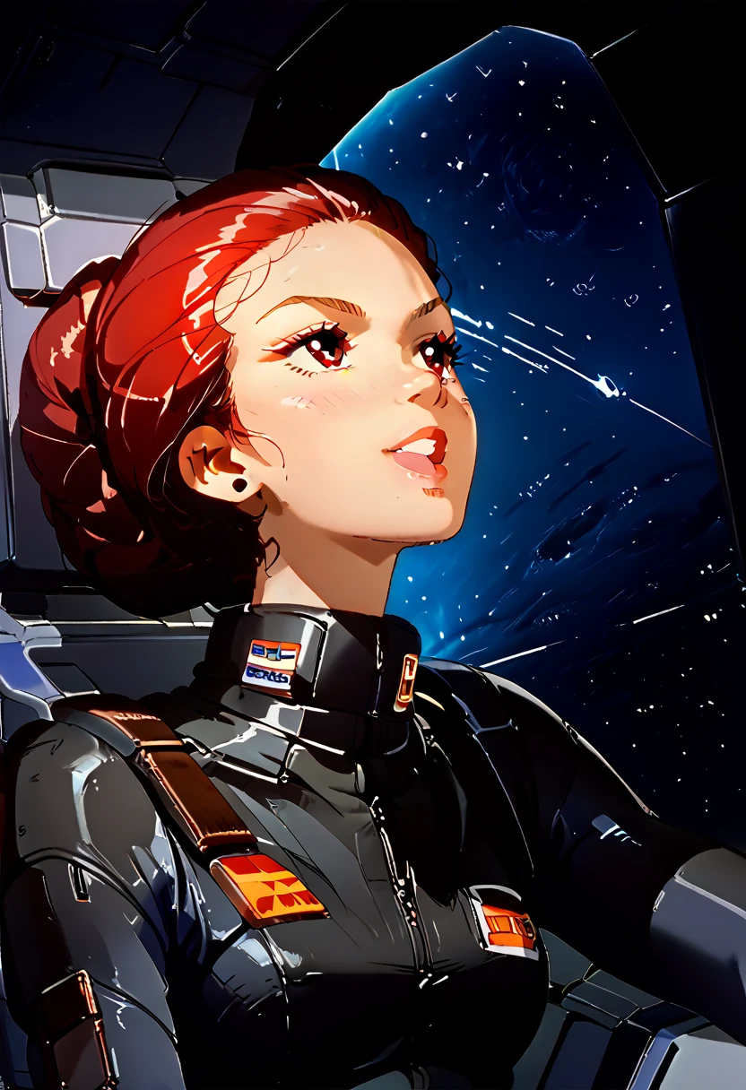  8k,girl pilot,black woman,red eyes,black suit,smooth hair, futuristic, sci-fi,space opera,piloting,cockpit,2000’s cartoon style, dynamic pose, stunning visual effects