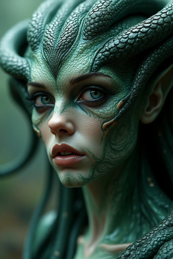 (High resolution,realistic,sharp focus),Humanoid alien creature with a vertically split face forming a mouth shape,beautiful predatory creature There is similar to a woman,alien/monster hybrid,scary hunter,[cosmic,extraterrestrial] There is,organic matter,otherworldly predator,beyond life,length,flowing hair,earrings,shineing eyes,intense sight,[elegant,graceful],enchanting facial features,[sharp,pointed,elengthated] teeth,[toxic,toxic] teeth,intense,enchanting smile,Smooth yet muscular body,[curve,shape] There is similar to a woman,[graceful,Towering] in front,alien skin texture resembling iridescent scales,[ethereal,luminescent] shine,[evil,bad luck] aura,sip,bipedal walking,[tranquility,predatory] enchanting footsteps,hypnotic] dance,[spooky,Unforgettable] grace,contrasting colors,[darkness,Shadow] hug a living thing,dystopian background scenery,[cosmic,milky way] background,bad luck celestial bodies,pulsating clouds,[extraterrestrial,超realistic] vegetation,rays of ethereal light [filtering,caress] scene,dramatic chiaroscuro lighting,penetrating the darkness,Create an intimate yet frightening atmosphere.