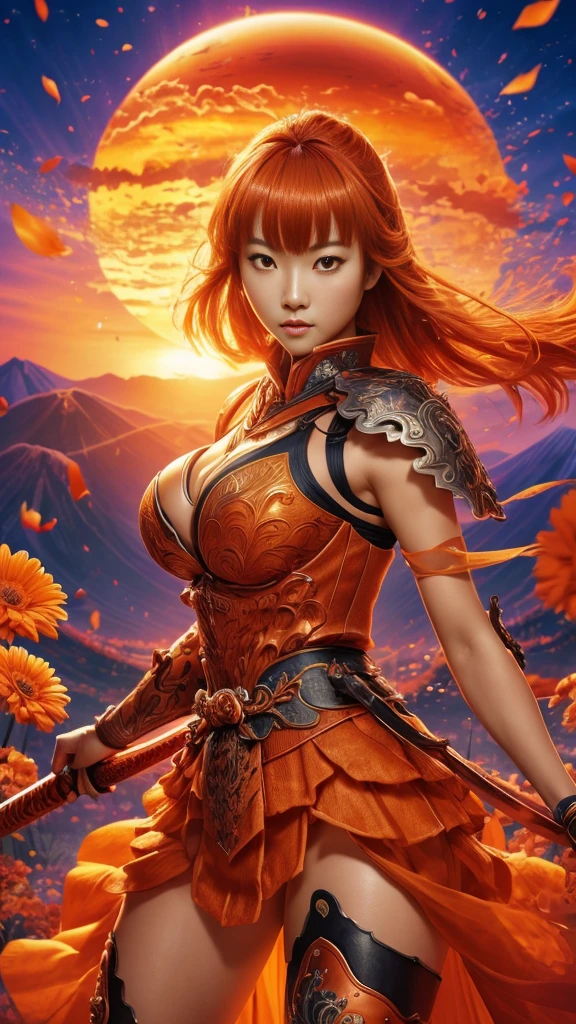  A young Japanese woman , warrior, Combat Stance, wielding a sword,  very detailedな, realisti,seductive smile,  Brilliant Appearance ,, Creative Action,  extremely detailed, Imaginative,  sensual, spontaneous ,  top quality ,  skin texture, (((straight hair:1.3))), (orange hair), (garnet eyes) ,  toned body, huge breasts,(big breasts), Big Breasts,   plump thighs, Gerbera pattern ,(lather samurai orange armor knight), Wear an orange cloak with a gerbera flower pattern , ruffled skirt,  Orange shin guard with gerbera flower engraved on it , Black high-leg underwear , Orange tights,  absolute domain,  Intricate Details , ((( Mount Fuji and sunrise))), (Gerberas in full bloom ),( large gerberas in full bloom on the front ), (confetti),  RAW photos , 8k, masterpiece,  top quality , Ultra Details, very detailed,  Intricate Details , high definition ,超 Intricate Details, very detailed 8k cg wallpaper,