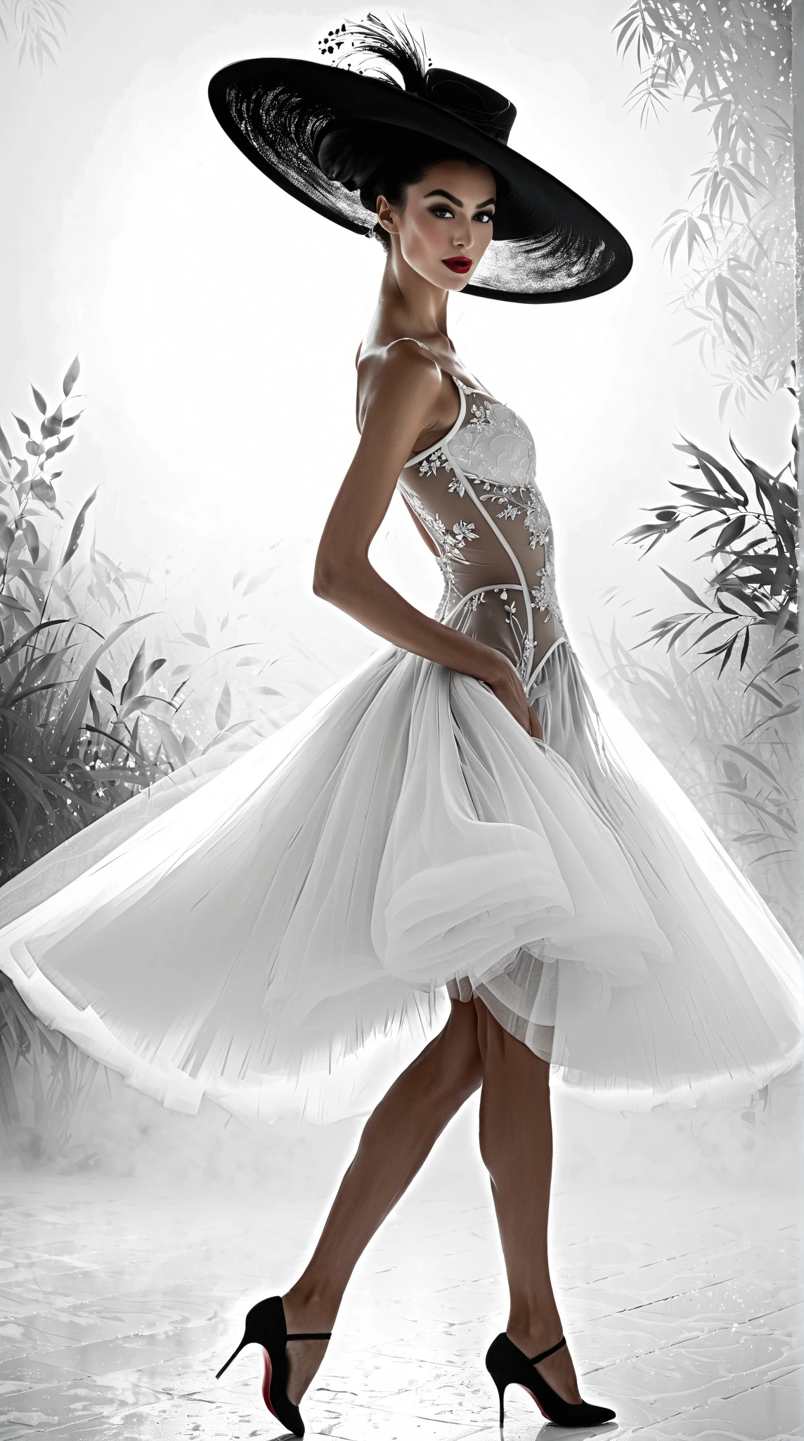 (Art Dance Poster Design)
(Beautiful and ethereal European dancer gracefully performing), (Wearing elegant 1950s fashion dress: 0.8), with a poised head-up posture, fair and flawless skin, and a refined nose bridge. (Face elegantly obscured by a large, stylish hat: 1.37), exuding a poignant charm. (Extremely slender and graceful limbs: 1.1) with delicate features, (bare hands and feet).

Surrounded by a whirling mist, embodying a noble temperament. The artwork features black and white illustrations and ink painting techniques, showcasing black hair styled in soft meatballs and accentuated with red lipstick. This composition embraces surrealism, contemporary art photography, and illustrative action painting.

Incorporating abstract expressionism and influences from Pixar, the scene captures depth of field, motion blur, and backlighting that creates falling shadows and a gradual halo effect. The composition layers start from the bottom, using Sony FE GM technology to achieve UHD quality.

This is a masterpiece with exceptional accuracy, textured skin, and super detailed features, showcasing high quality and award-winning artistry at a 16k resolution.