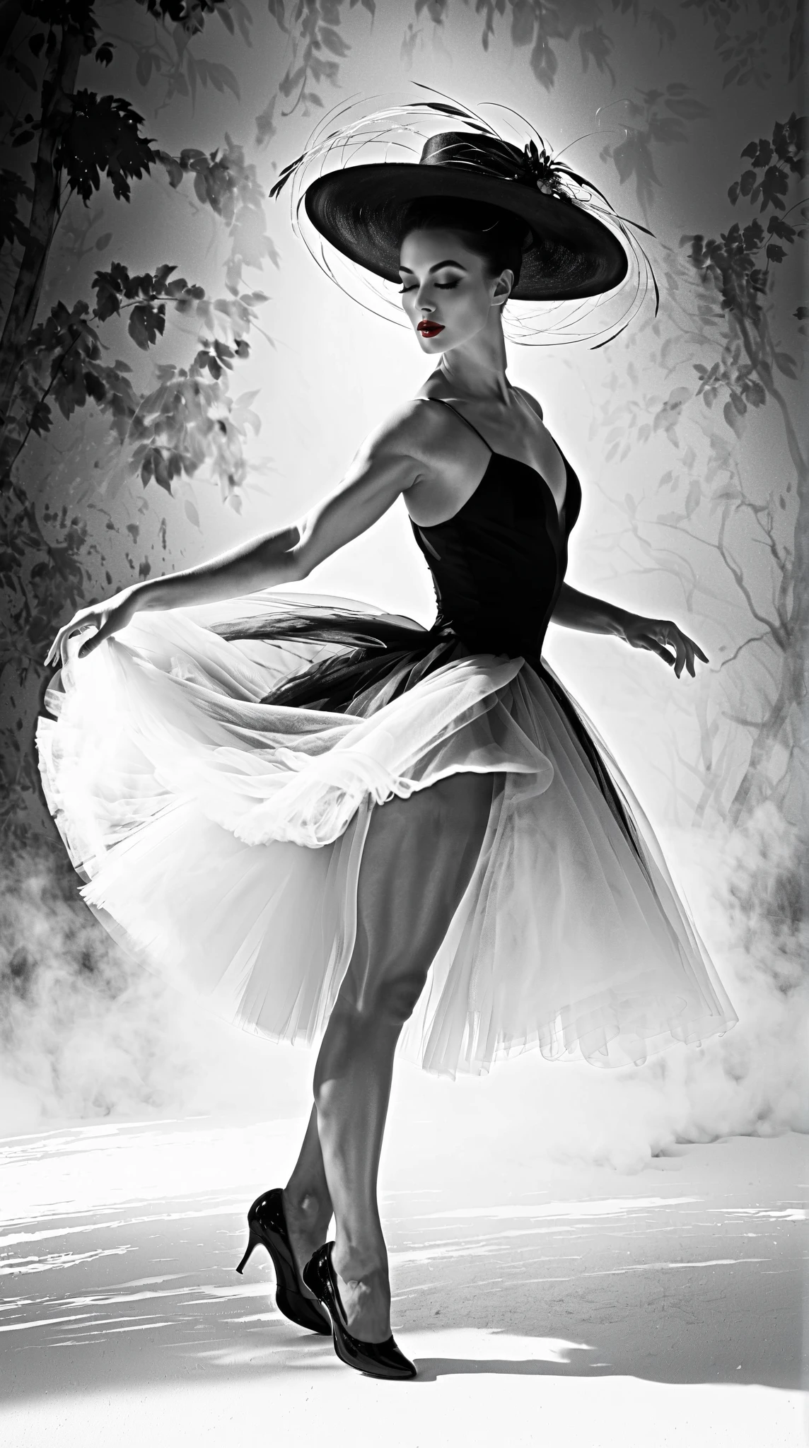 (Art Dance Poster Design)
(Beautiful and ethereal European dancer gracefully performing), (Wearing elegant 1950s fashion dress: 0.8), with a poised head-up posture, fair and flawless skin, and a refined nose bridge. (Face elegantly obscured by a large, stylish hat: 1.37), exuding a poignant charm. (Extremely slender and graceful limbs: 1.1) with delicate features, (bare hands and feet).

Surrounded by a whirling mist, embodying a noble temperament. The artwork features black and white illustrations and ink painting techniques, showcasing black hair styled in soft meatballs and accentuated with red lipstick. This composition embraces surrealism, contemporary art photography, and illustrative action painting.

Incorporating abstract expressionism and influences from Pixar, the scene captures depth of field, motion blur, and backlighting that creates falling shadows and a gradual halo effect. The composition layers start from the bottom, using Sony FE GM technology to achieve UHD quality.

This is a masterpiece with exceptional accuracy, textured skin, and super detailed features, showcasing high quality and award-winning artistry at a 16k resolution.