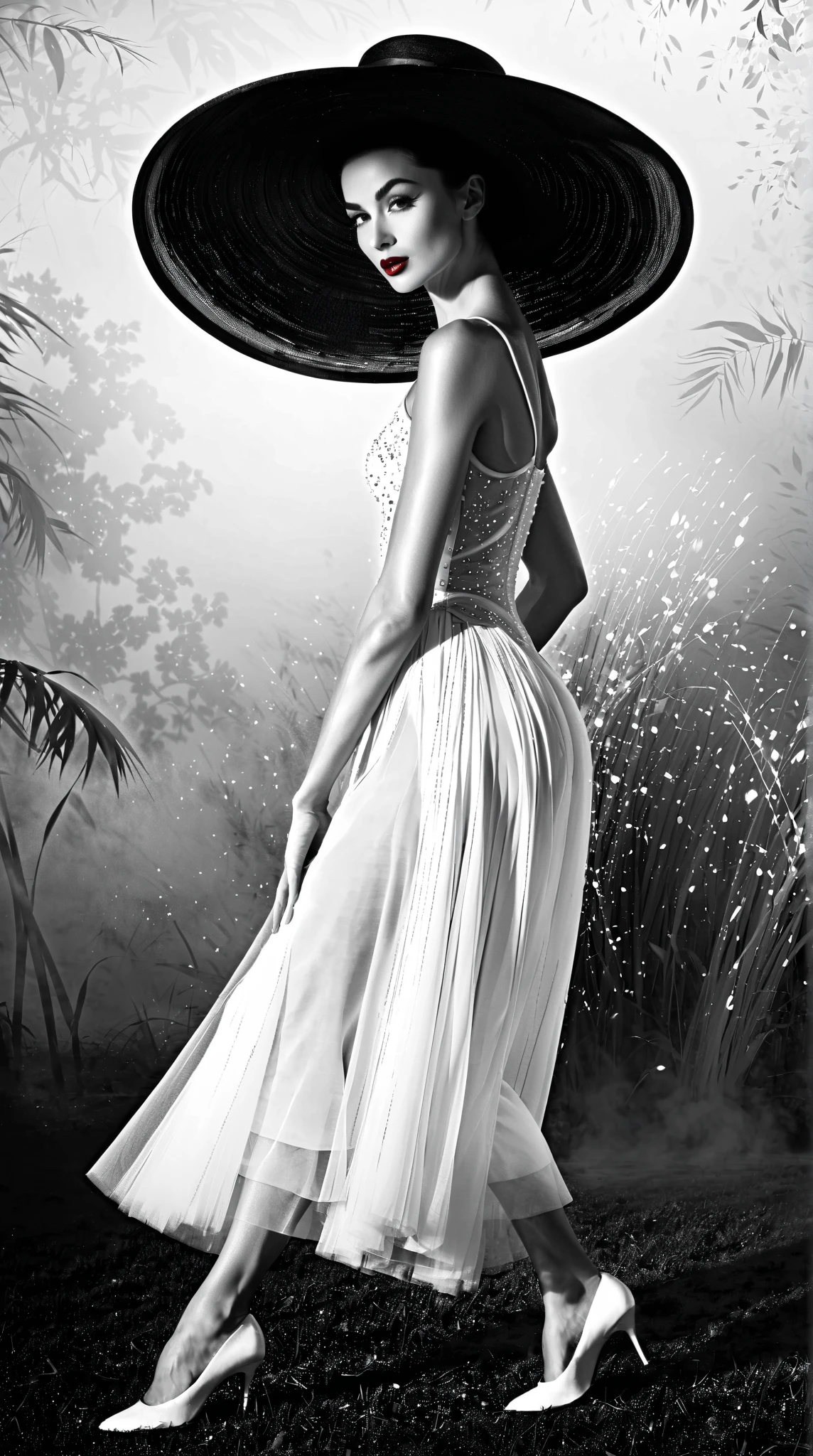 (Art Dance Poster Design)
(Beautiful and ethereal European dancer gracefully performing), (Wearing elegant 1950s fashion dress: 0.8), with a poised head-up posture, fair and flawless skin, and a refined nose bridge. (Face elegantly obscured by a large, stylish hat: 1.37), exuding a poignant charm. (Extremely slender and graceful limbs: 1.1) with delicate features, (bare hands and feet).

Surrounded by a whirling mist, embodying a noble temperament. The artwork features black and white illustrations and ink painting techniques, showcasing black hair styled in soft meatballs and accentuated with red lipstick. This composition embraces surrealism, contemporary art photography, and illustrative action painting.

Incorporating abstract expressionism and influences from Pixar, the scene captures depth of field, motion blur, and backlighting that creates falling shadows and a gradual halo effect. The composition layers start from the bottom, using Sony FE GM technology to achieve UHD quality.

This is a masterpiece with exceptional accuracy, textured skin, and super detailed features, showcasing high quality and award-winning artistry at a 16k resolution.