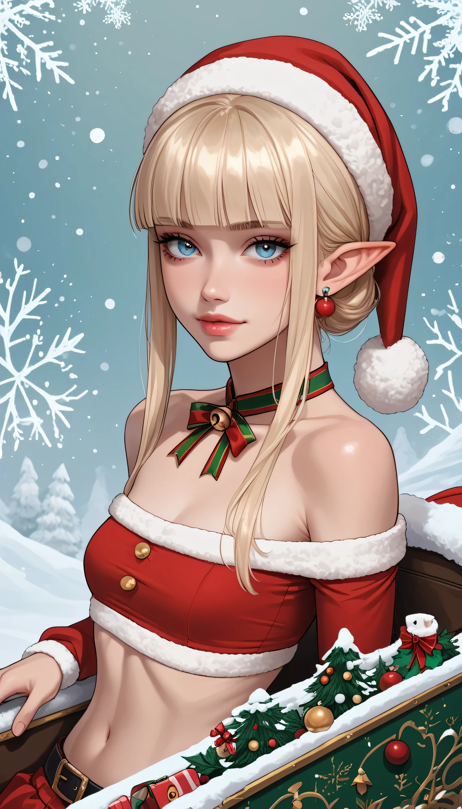 1girl, cheerful expression, Christmas spirit, (light blue brillant eyes), EARRINGS, pointed ears, rubor, makeup, (Santa Claus cropped top, small breast) BLONDE HAIR, hime cut, looking at viewer, Snow and cold, (Slim Body), (Wallpaper for smartphones:1.4), Sleigh, Abstract Lights, abstract christmas background, portrait. score_9, score_8_up, score_7_up. 